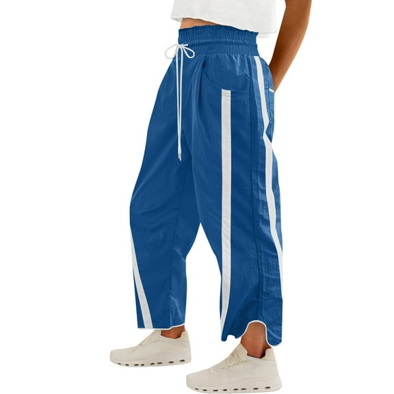 Olyvenn Women's Baggy Wide Leg Pants Casual Drawstring Elastic Waisted Contrast Color Workout Y2K Track Pants Blue S