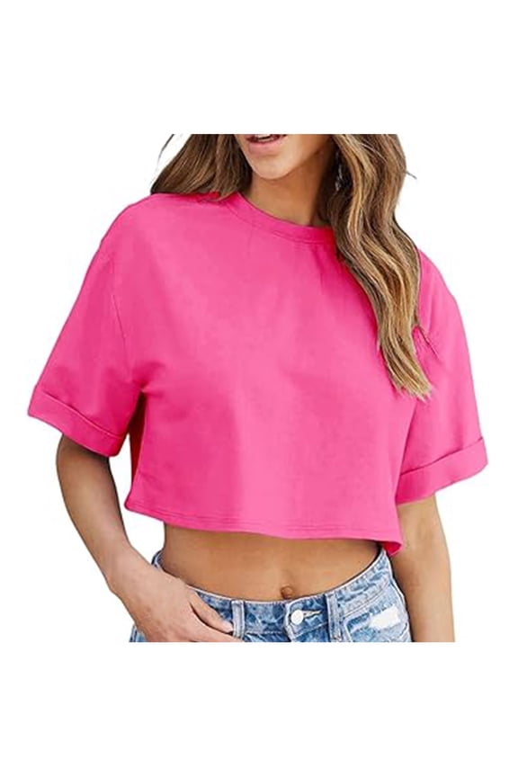 Women's Basic Crop Top Drop Shoulder T Shirt Half Sleeve Cropped Tee Crewneck Short Sleeve Casual Summer Solid Crop Tops Hot Pink L