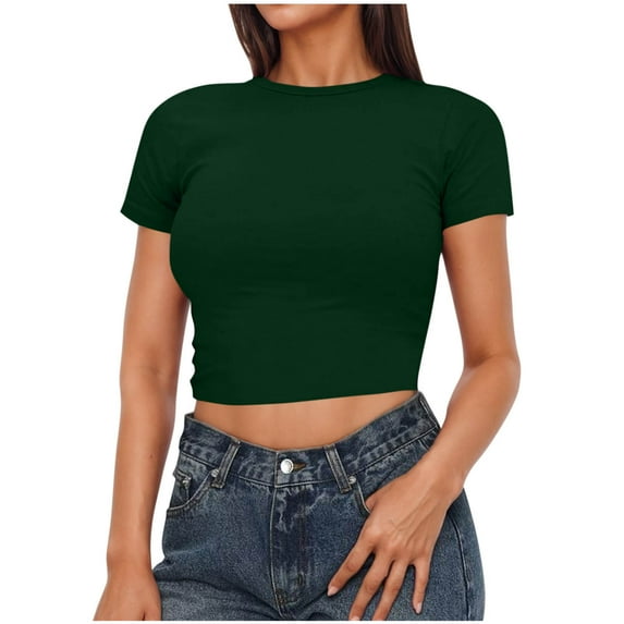 Olyvenn Women's Basic Teen Tee Workout Crewneck Short Sleeve Slim Fitted Casual Crop Top Lightweight Layer Yoga Tee Blouses Army Green S