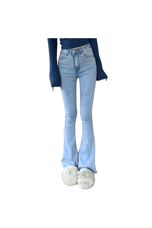 Women's Bell Bottom Jeans Low Waist Classic Stretch Flared Jeans Denim Bell Bottom Pants Solid Straight Fall Pants Blue M