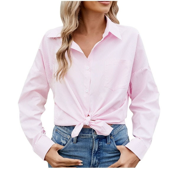 Olyvenn Women's Blouses & Button-Down Shirts Business Casual Striped Smocked Cuffed Sleeve T Shirts Boyfriends Collared Blouses Pink 20-22