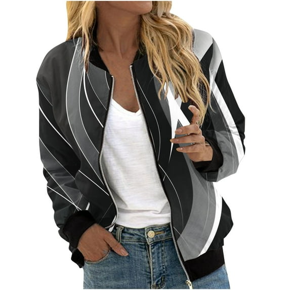 Olyvenn Women's Bomber Jacket Abstract Stripe Printed Zipper Long Sleeve Lightweight Outwear Fall Winter Coat Black Gray Khaki XXL