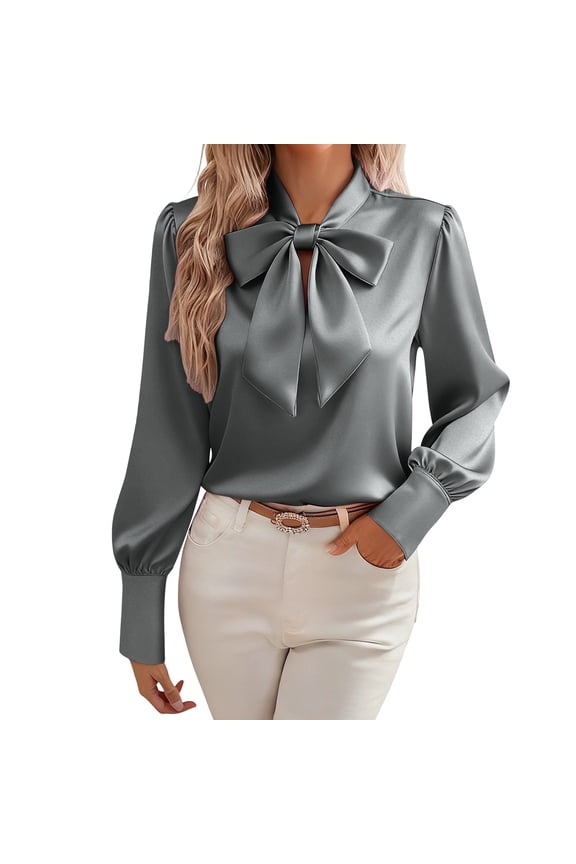 Women's Bow Tie Neck Blouse 2026 Long Sleeve Work Shirt for Office Business Professional Dressy Casual Tops Gray XL