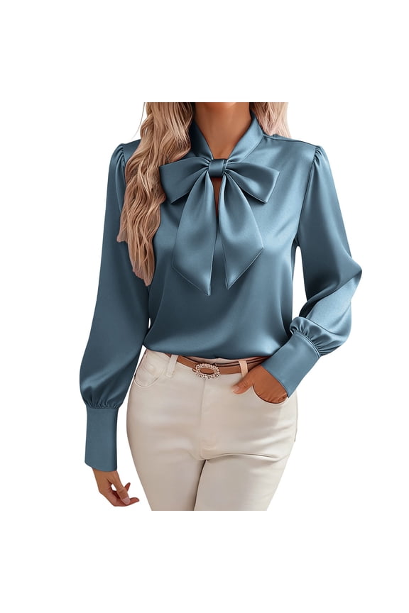 Women's Bow Tie Neck Blouse 2026 Long Sleeve Work Shirt for Office Business Professional Dressy Casual Tops Navy XL