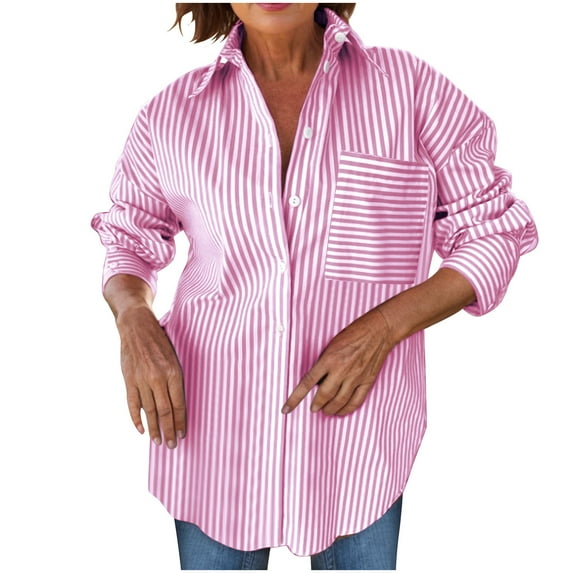 Olyvenn Women's Button Down Striped Shirts Oversized Long Sleeve Blouse Dressy Collared Boyfriend Tunic Tops Pink XXL