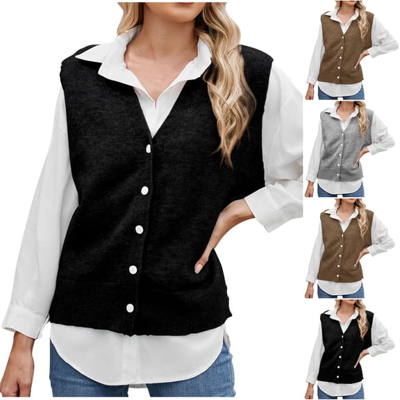 Olyvenn Women's Button Down Sweater Vest V Neck Sleeveless Open Front Cardigan Vests Casual Knitted Tank Tops Clothes Black XL