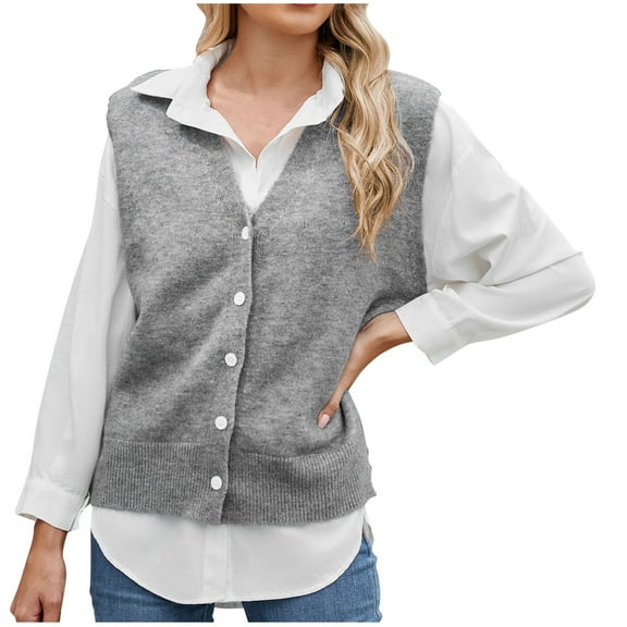 Olyvenn Women's Button Down Sweater Vest V Neck Sleeveless Open Front Cardigan Vests Casual Knitted Tank Tops Clothes Gray S
