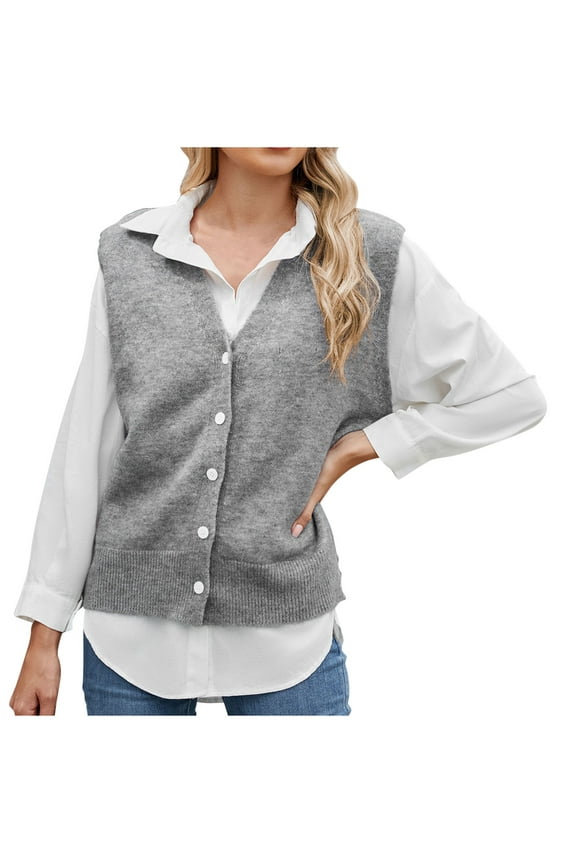 Women's Button Down Sweater Vest V Neck Sleeveless Open Front Cardigan Vests Casual Knitted Tank Tops Clothes Gray XL