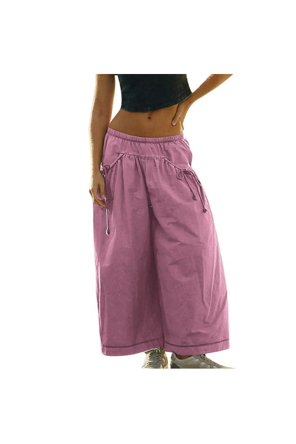 Women's Cargo Capris Pants Stretch Wide Leg Hiking Pant Lightweight Quick Dry Baggy Cargo Pants with Pockets Pink L