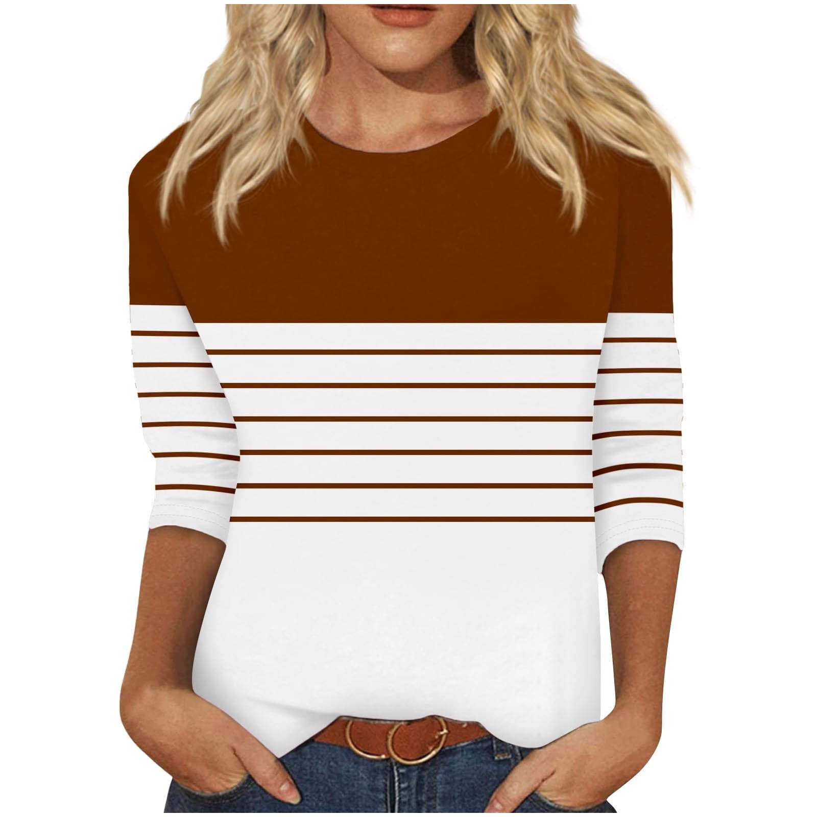 EADINVE Women's Casual 3/4 Sleeve Tunic Top - Loose Fit Round Neck Blouse (Small, Yellow White) - View #7