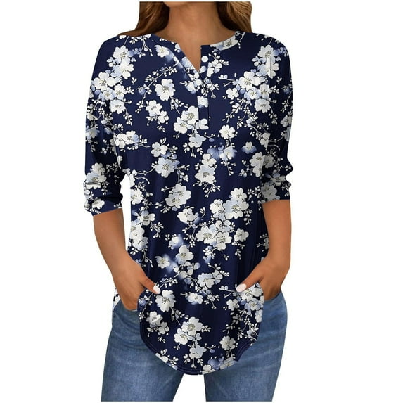 Olyvenn Women's Casual 3/4 Sleeve T-Shirts Buttons V Neck Floral Print Tunic Tops Basic Tees Blouses Loose Fit Pullover Multicolor M