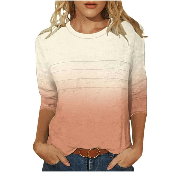Olyvenn Women's Casual 3/4 Sleeve T-Shirts Crew Neck Cute Tunic Tops Long Sleeve Comfort Lightweight Gradient Print Tshirts Yellow L