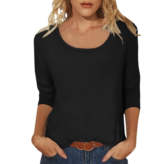 Olyvenn Women's Casual 3/4 Sleeve T-Shirts Round Neck Cute Tunic Tops Basic Tees Blouses Loose Fit Pullover Black XXL