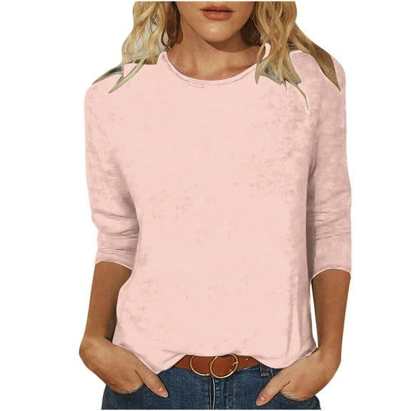 Olyvenn Women's Casual 3/4 Sleeve T-Shirts Round Neck Cute Tunic Tops Basic Tees Blouses Loose Fit Pullover Pink XXXXL