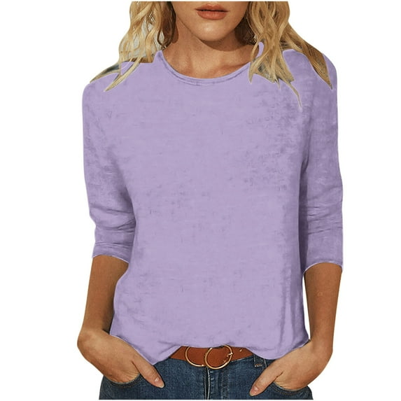 Olyvenn Women's Casual 3/4 Sleeve T-Shirts Round Neck Cute Tunic Tops Basic Tees Blouses Loose Fit Pullover Purple XXXL