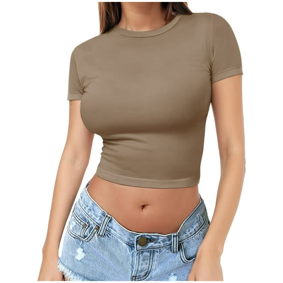 Olyvenn Women's Casual Basic Going Out Crop Tops Slim Fit Long Sleeve Comfort Tight T Shirts Underscrubs Layer Workout Tops Khaki 10