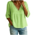 thumbnail image 1 of Olyvenn Women's Casual Cotton Linen Lace Trim V Neck 3/4 Sleeve T Shirts Spring Summer Loose Tunic Solid Plus Size Blouse Tops Green L, 1 of 6
