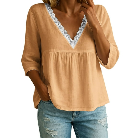 Olyvenn Women's Casual Cotton Linen Lace Trim V Neck 3/4 Sleeve T Shirts Spring Summer Loose Tunic Solid Plus Size Blouse Tops Yellow L