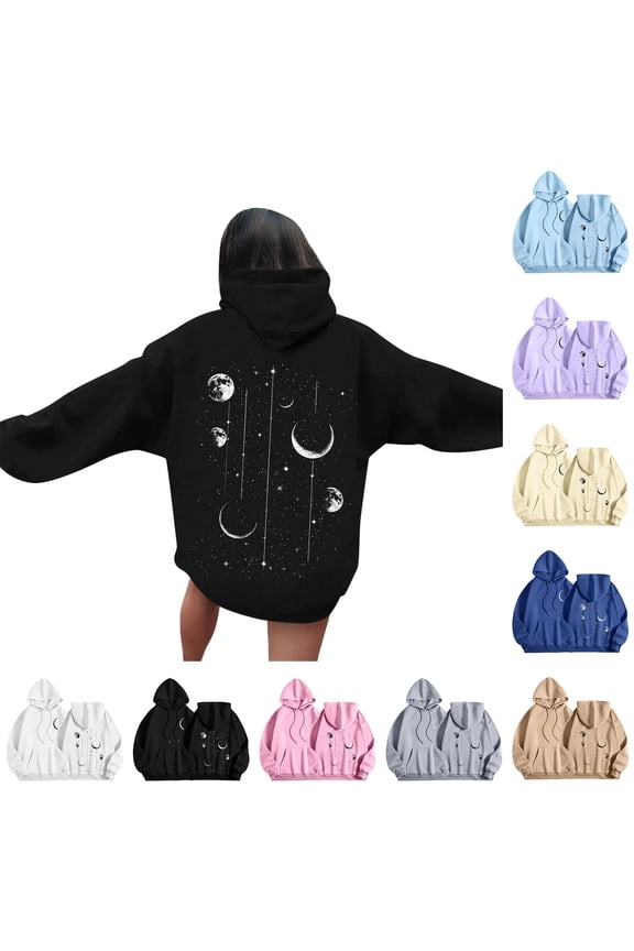 Women's Casual Graphic Hoodies Drawstring Long Sleeve Moon Print Sweatshirt Fall Fashion Pullover Fall Tops Beige XXL
