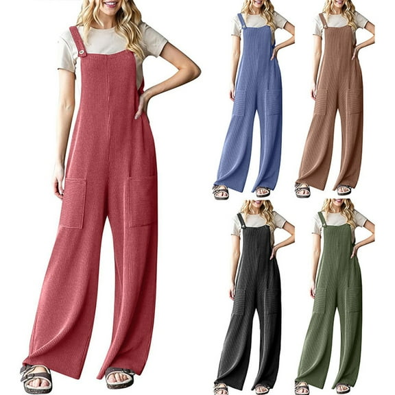 Olyvenn Women's Casual Jumpsuits Ribbed Front Pocket Loose Overalls One Piece Sleeveless Wide Leg Long Pant Rompers Army Green S