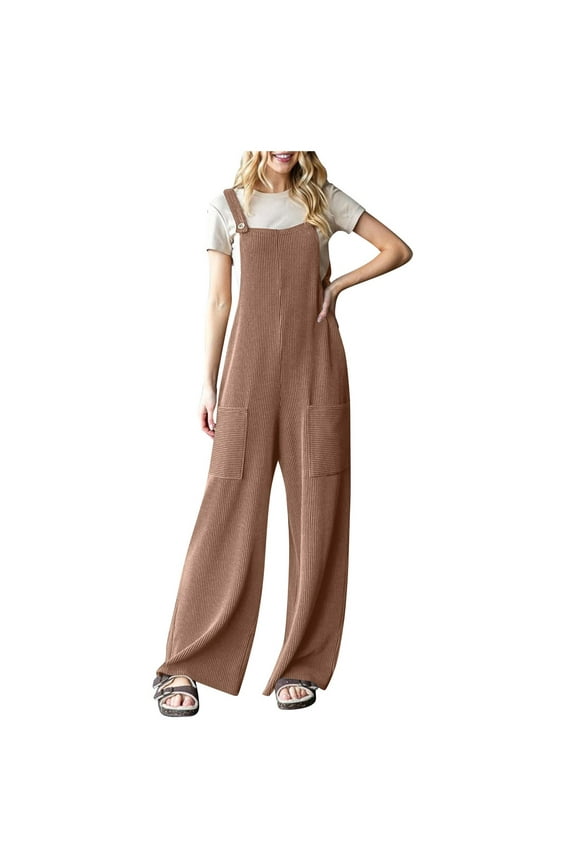 Women's Casual Jumpsuits Ribbed Front Pocket Loose Overalls One Piece Sleeveless Wide Leg Long Pant Rompers Brown L