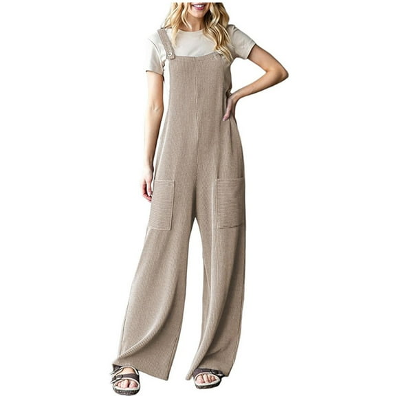 Olyvenn Women's Casual Jumpsuits Ribbed Front Pocket Loose Overalls One Piece Sleeveless Wide Leg Long Pant Rompers Khaki S