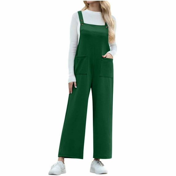 Olyvenn Women's Casual Loose Overalls Jumpsuits One Piece Sleeveless Wide Leg Long Pants Solid Rompers Double Pockets Army Green M