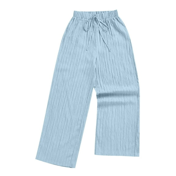 Olyvenn Women's Casual Pants Loose Fit Palazzo Pant Elastic Waisted Drawstring Tie Knot Trousers with Side Pockets Light Blue XXL