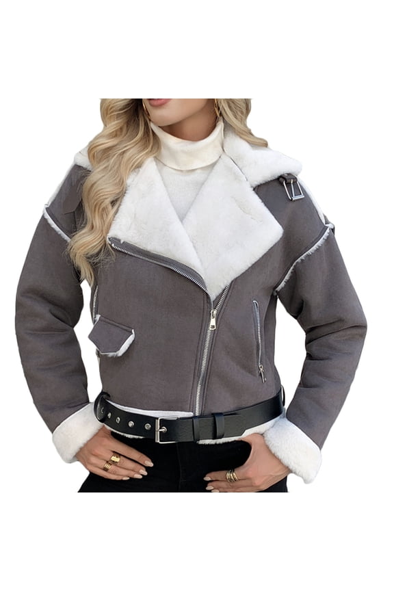 Women's Casual Patchwork Thicken Suede Jacket, Urban Lapel Zipper Pocket Winter Coat Faux Shearing Fur Warm Thick Lined Jacket Dark Gray S