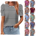 thumbnail image 1 of Olyvenn Women's Casual Short Puff Sleeve Crew Neck Striped T Shirts Fashion Summer Tops 2025 Trendy Tunic Blouse Black L, 1 of 5