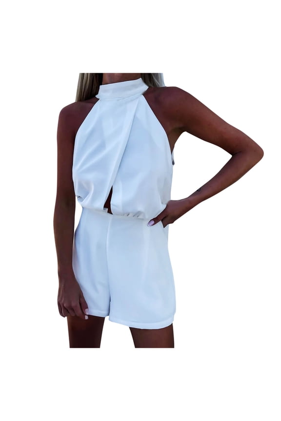 Women's Casual Sleeveless Jumpsuit Rompers Loose Turtleneck Tank Top Summer Shorts Jumpsuit Overalls Trendy Outfits White 10