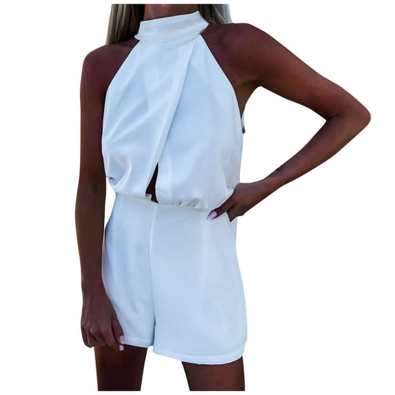 Olyvenn Women's Casual Sleeveless Jumpsuit Rompers Loose Turtleneck Tank Top Summer Shorts Jumpsuit Overalls Trendy Outfits White 8