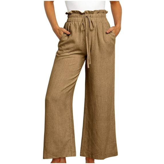 Olyvenn Women's Casual Slim High Elastic Waist Color Sports Cotton And Linen Pants Full Length Pants for Women Trendy 2023 Khaki 12