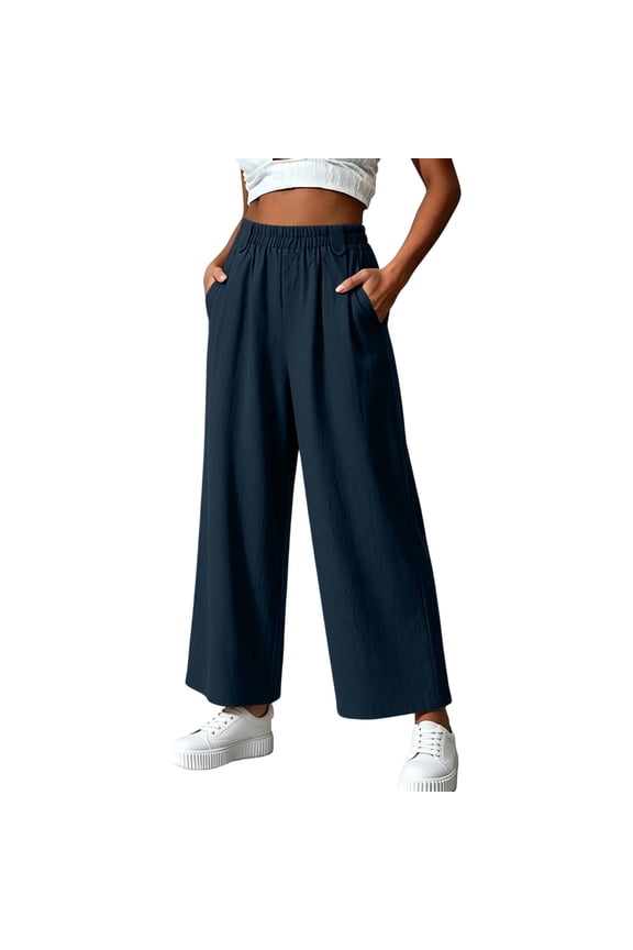 Women's Casual Solid Color Wide Leg Pants, Elastic Waist with Pockets, Loose-Fit Trousers for Daily Wear Navy S