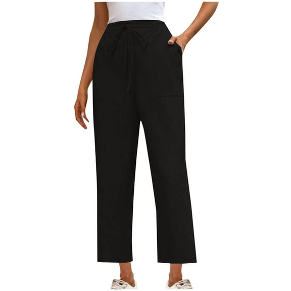 Olyvenn Women's Casual Stretch Drawstring Pants High Waisted Solid Loose Fit Trousers Straight Joggers Pants with Pockets Black 10
