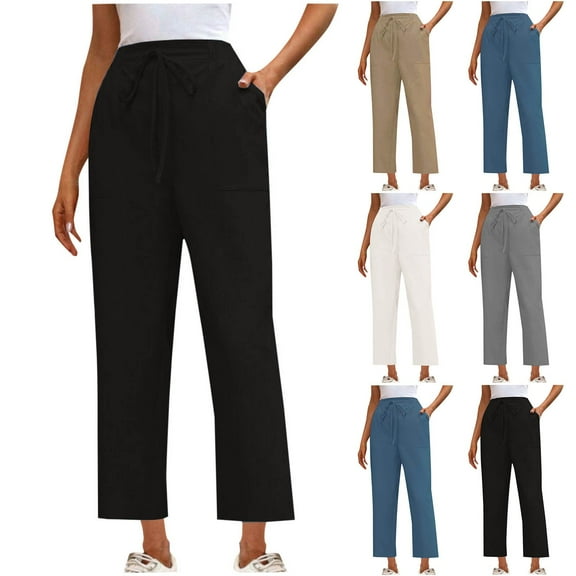 Olyvenn Women's Casual Stretch Drawstring Pants High Waisted Solid Loose Fit Trousers Straight Joggers Pants with Pockets Black 4