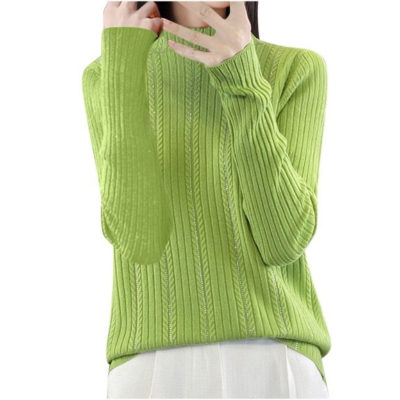 Olyvenn Women's Casual Striped Long Sleeve Rhinestone Tops Crew Neck Knit Shirts Dressy Blouses Lightweight Pullover Sweater Green L