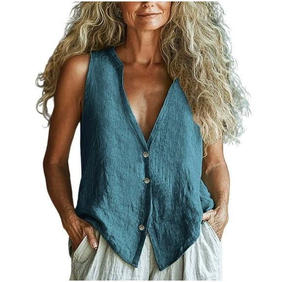 Olyvenn Women's Casual Summer Tank Tops Cotton Linen Button V-Neck Blouse Sleeveless Casual Loose Shirts Tunics Blue M