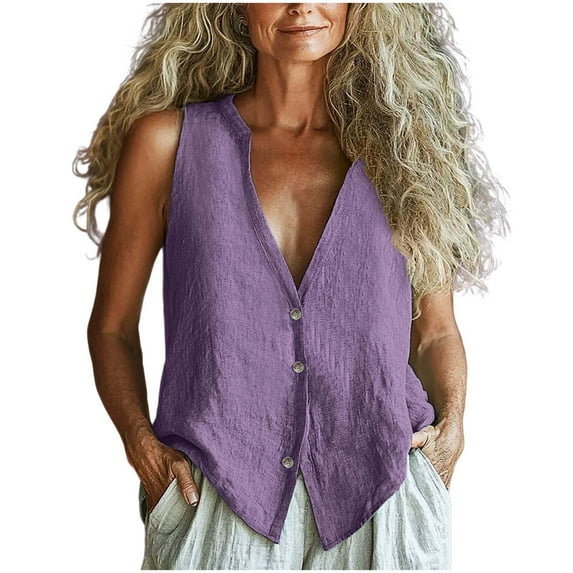 Olyvenn Women's Casual Summer Tank Tops Cotton Linen Button V-Neck Blouse Sleeveless Casual Loose Shirts Tunics Purple XXL