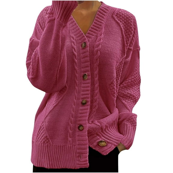 Olyvenn Women's Casual Sweater V Neck Button Down Long Sleeve Pullovers Tops Soft Loose Fit Cozy Solid Knitted Sweaters Hot Pink XL