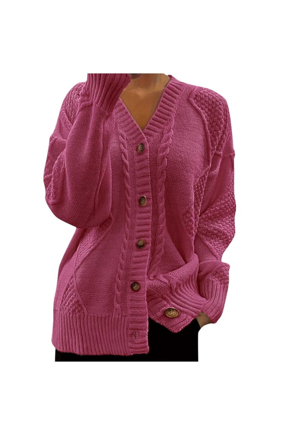 Women's Casual Sweater V Neck Button Down Long Sleeve Pullovers Tops Soft Loose Fit Cozy Solid Knitted Sweaters Hot Pink XL