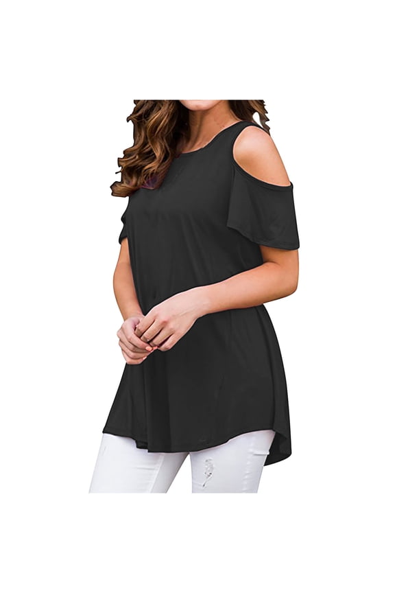 Women's Casual T-Shirts Peplum Tops Boat Neck Shirts Ruffle Lightweight Breathable Comfy Blouse Workout 2023 Trendy Off Shoulder Short Sleeve Tees Classic Solid Summer Tops Black 10