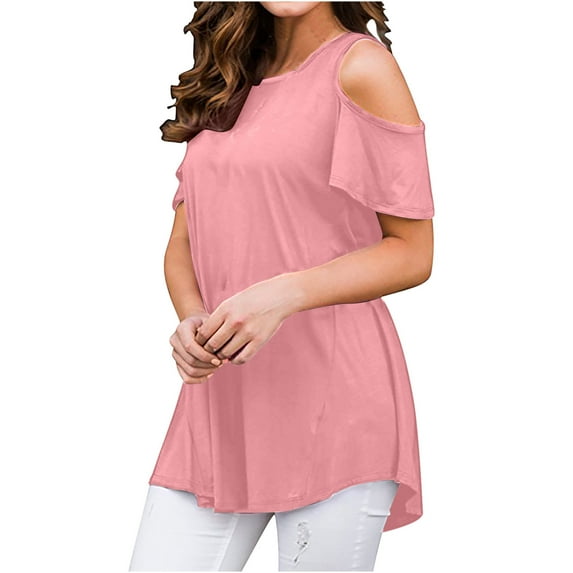 Olyvenn Women's Casual T-Shirts Peplum Tops Boat Neck Shirts Ruffle Lightweight Breathable Comfy Blouse Workout 2023 Trendy Off Shoulder Short Sleeve Tees Classic Solid Summer Tops Pink 10