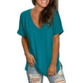 thumbnail image 1 of Olyvenn Women's Casual V Neck Shirts Summer Fashion Short Sleeve Side Slit Pullover Solid Basic Tee Tops Loose Blouses Navy S, 1 of 5