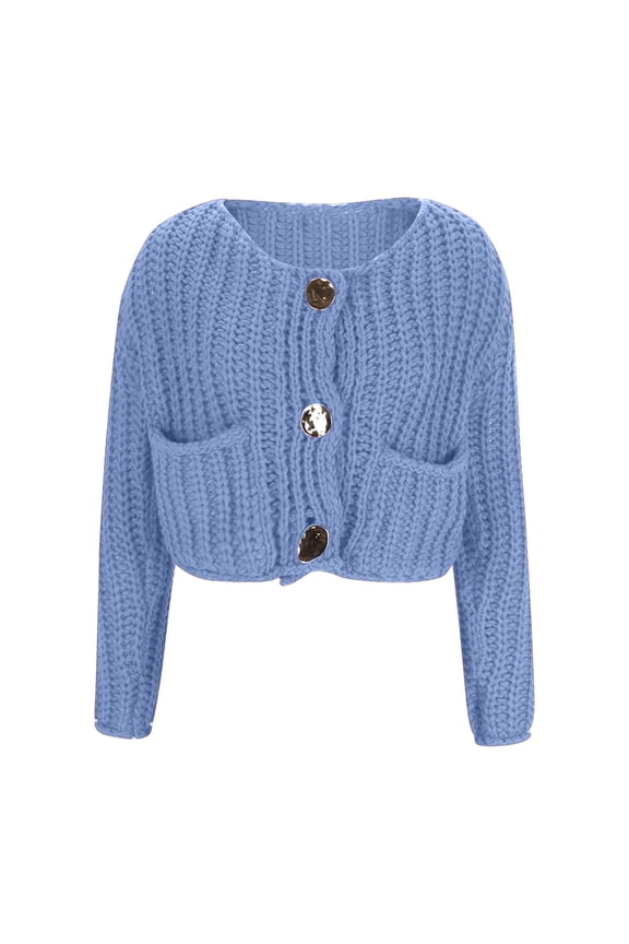 Women’s Chunky Knit Cardigan Sweaters Long Sleeve Open Front Button Kitted V Neck Fall Jackets Coats with Pockets Blue 8