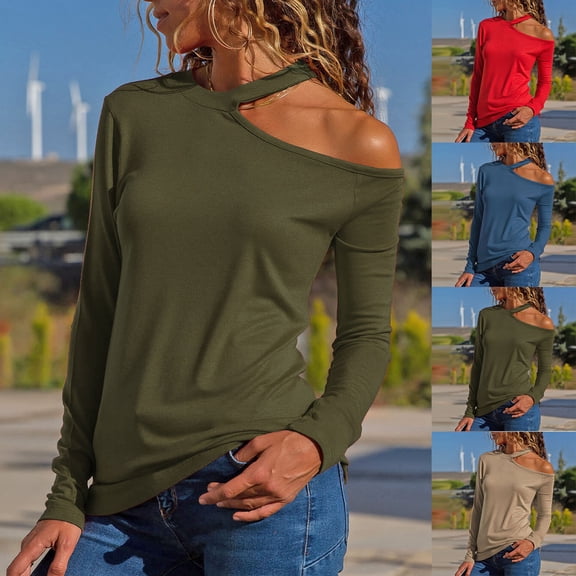 Olyvenn Women's Cold Shoulder Long Sleeve Top Asymmetrical Loose Casual Shirts Y2K Going Out Fashion Basic Solid Tees Blouse Blue XL