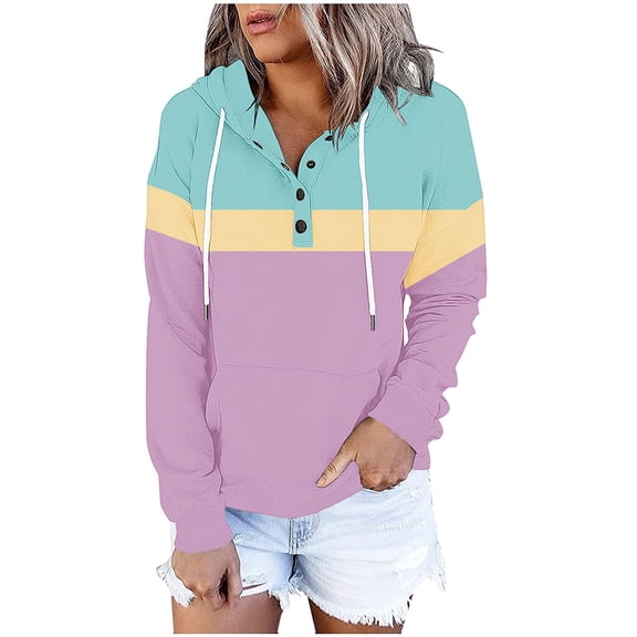 Olyvenn Women's Color Block Hoodie Button Up Long Sleeve Henley Tops Cute Drawstring Loose Casual Pullover with Kangaroo Pocket Mint Green XXL