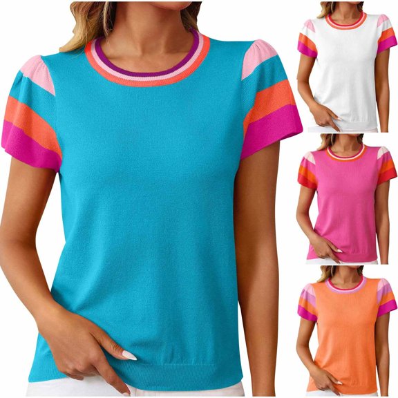 Olyvenn Women's Color Block Knitted Tops Casual Crewneck Short Sleeve Sweaters Loose Pullover Dressy Blouses T Shirts Orange S