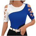 thumbnail image 1 of Olyvenn Women's Colorblock Criss Cross Cut Out Short Sleeve Round Neck Tee Shirts Hollow Out Streetwear Patchwork Shirts Blue XL, 1 of 8