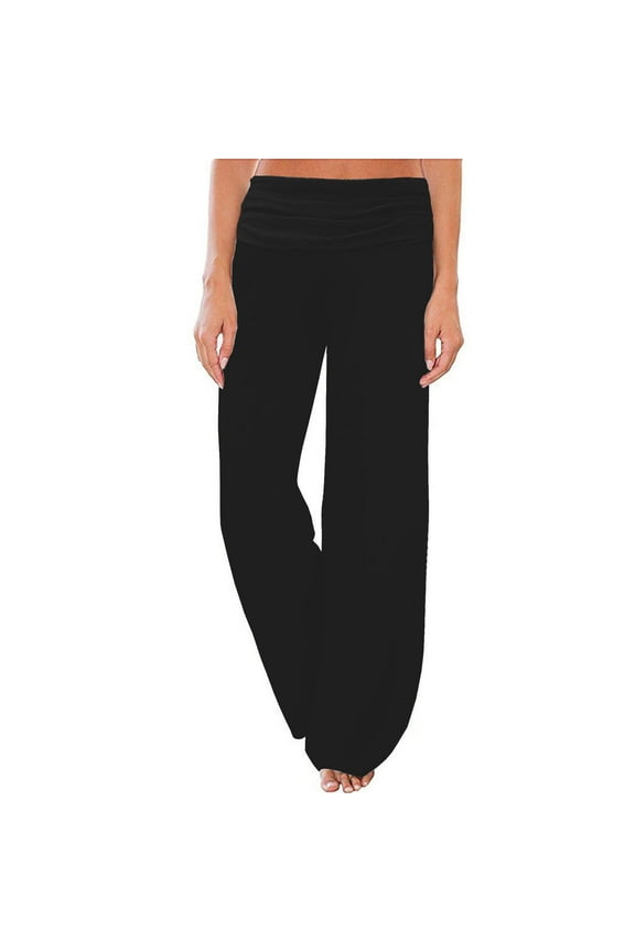 Women's Comfy Pajama Pants Wide Leg Lounge Palazzo Yoga Pants Casual Loose Solid Fold Waist Pants Dressy Casual Cargo Pants Boho Yoga Leggings Summer 2023 Trendy Trousers Black XL
